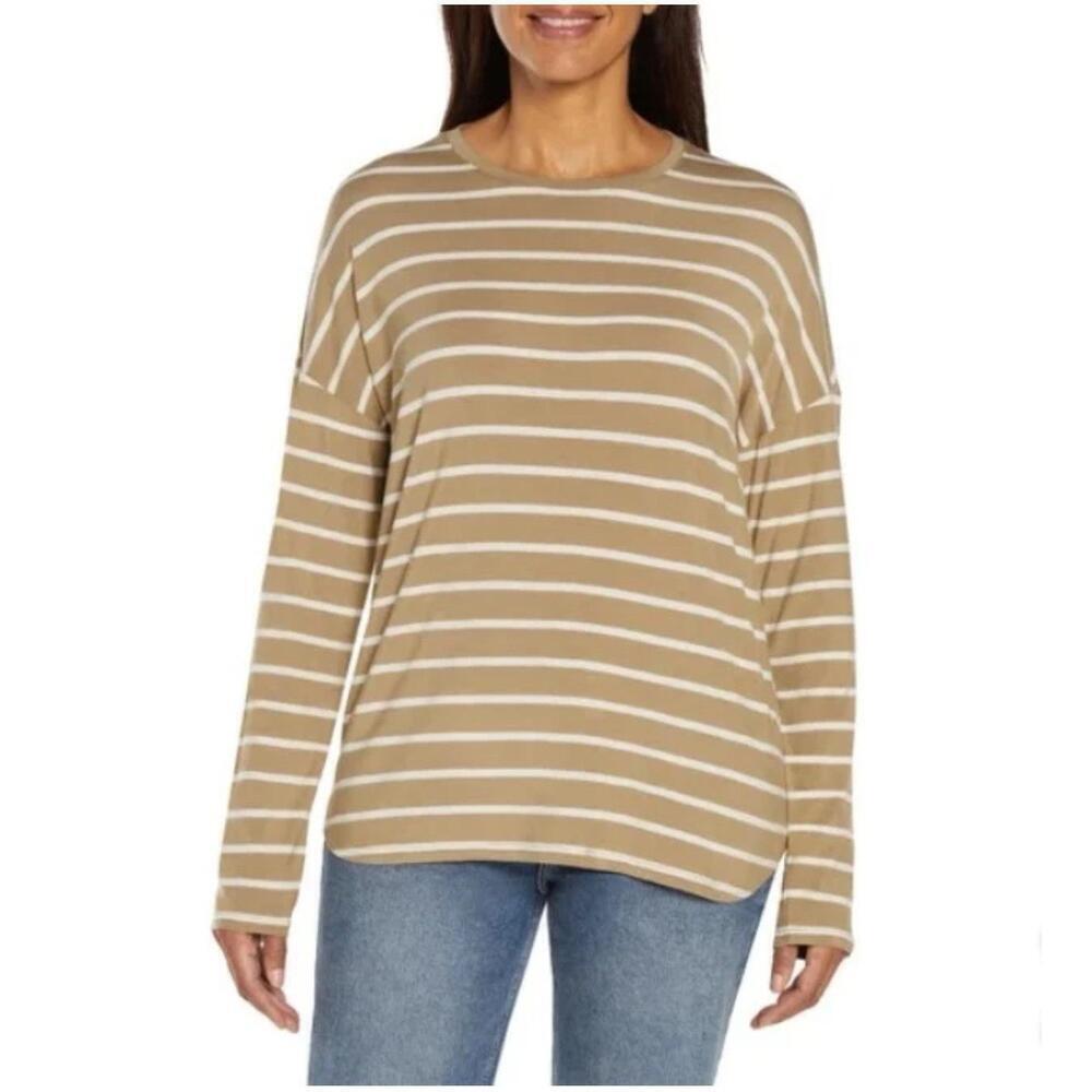 Gap Ladies' Shoulder Top Long Sleeve Shirt, Tan Stripe Size M. AO